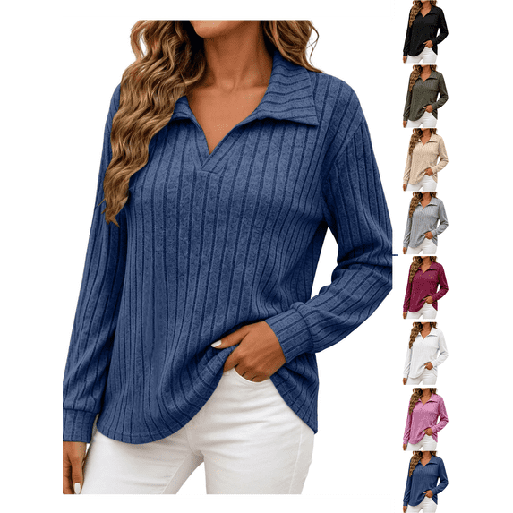 Fall Tops for Women Nelozsy Women V Neck Plus Size Ribbed Long Sleeve Top Pullover Navy XXXL