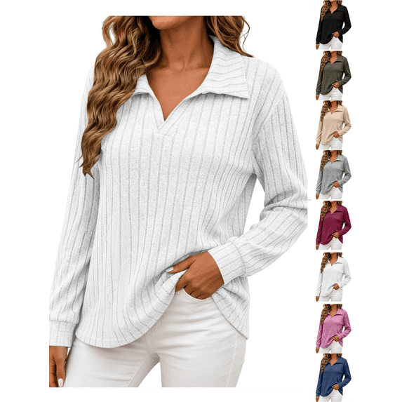 Fall Tops for Women Nelozsy Women V Neck Plus Size Ribbed Long Sleeve Top Pullover White L