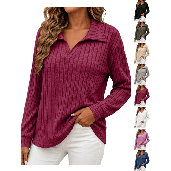 Fall Tops for Women Nelozsy Women V Neck Plus Size Ribbed Long Sleeve Top Pullover Wine XXXL