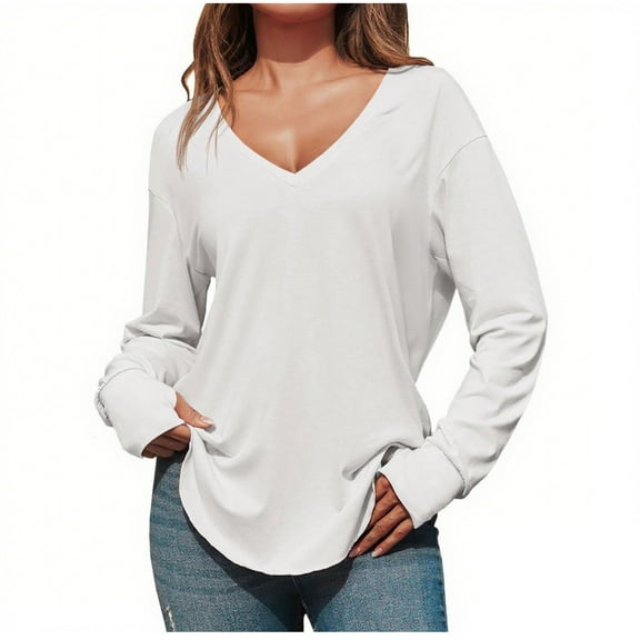 Fall Tops for Women Soft Cotton V Neck T Shirt with Thumb Holes Long Sleeve Casual Loose Fit Tunic Tee Tshirts (M, White)