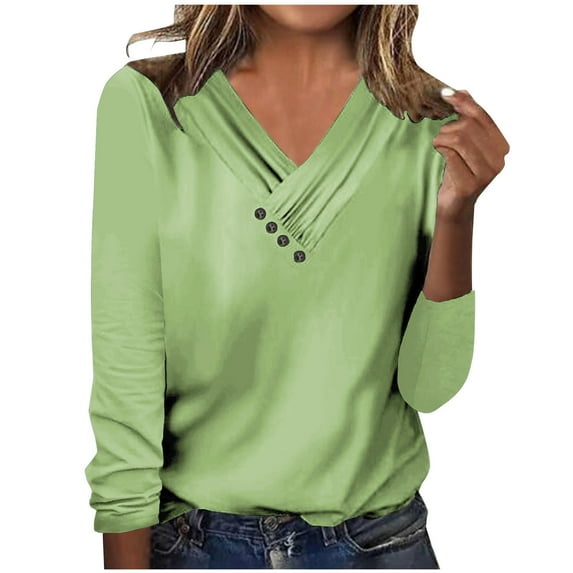 Spring Tops for Women Trendy 2025 Pleated V Neck Loose Fit Casual Solid Color Long Sleeve T Shirts Plus Size Tees (2XL, Green)