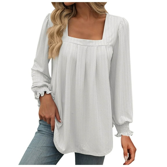 Fall Tops for Women Trendy Long Sleeve Texture Ruched Square Neck Women'S T-Shirts Dressy Casual White M