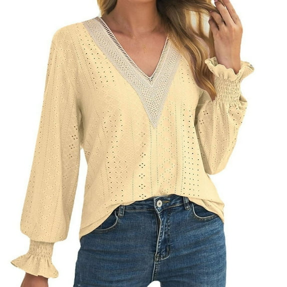 Fall Tops for Women V Neck Lace Hollow out Trumpet Long Sleeve Shirts Dressy Casual Loose Comfy Tunic Blouses Ladies Clothes