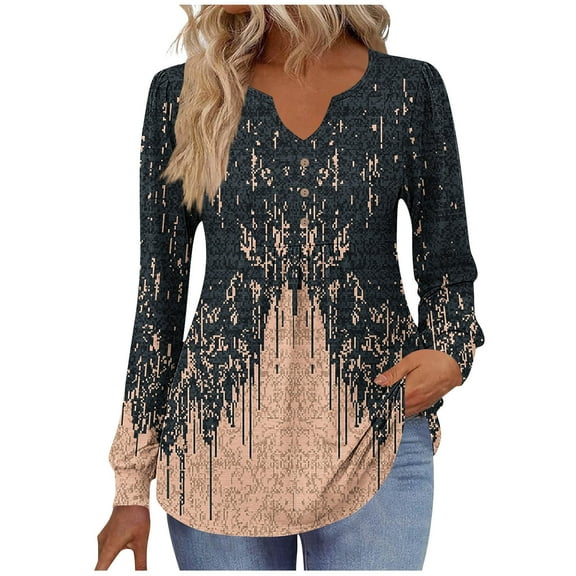 Fall Tops for Women V Neck Long Sleeve Floral Print Button Up Shirts Tunics Pullover Blouse