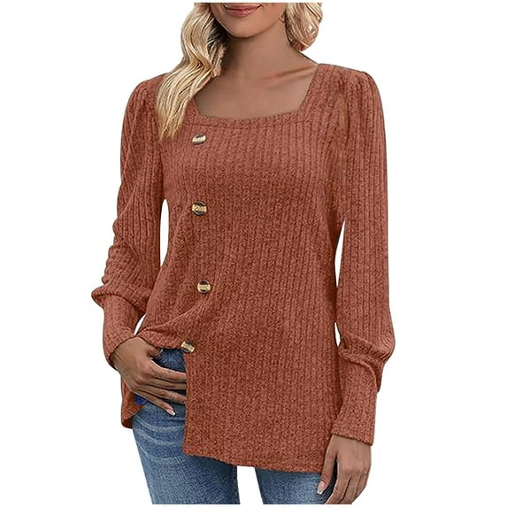 Fall Tops for Womens Fashion Ribbed Knit Square Neck Long Sleeve Tee Shirt Dressy Casual Blouses Plain Sweater (X-Large, Coffee)