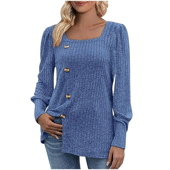 Fall Tops for Womens Fashion Ribbed Knit Square Neck Long Sleeve Tee Shirt Dressy Casual Blouses Plain Sweater (XX-Large, Blue)
