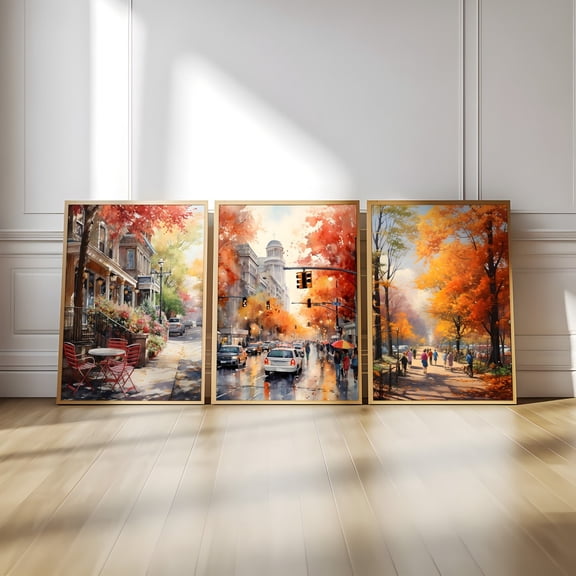 Fall Town City Artful Boho Wall Decoration Autumn Gallery Print Wall Art Autumn City Prints, Stretched Canvas