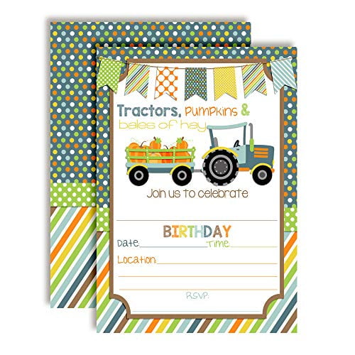 Fall Tractor with Pumpkins Birthday Party Invitations