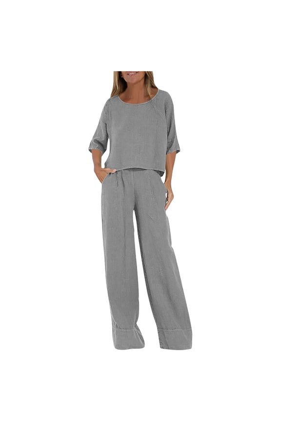Fall Travel Outfits for Women New 2 Piece Sets for Women Soft Short Sleeve Matching Loungewear Set Wide Leg Pants Tracksuit Travel Summer Outfits Gray M