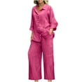 thumbnail image 1 of Fall Travel Outfits for Women New 2 Piece Sets for Women Summer Loose Long Sleeve Shirts Wide Leg Pant Matching Set Plus Size Vacation Outfits Pinks S, 1 of 6