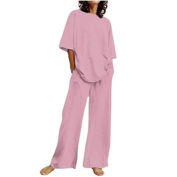 Fall Travel Outfits for Women New Summer Women's Casual Shoulder Sleeved Short Sleeved Round Neck Tops/Loose Straight Tube with Pocket Long Pants Set Pinky 3XL