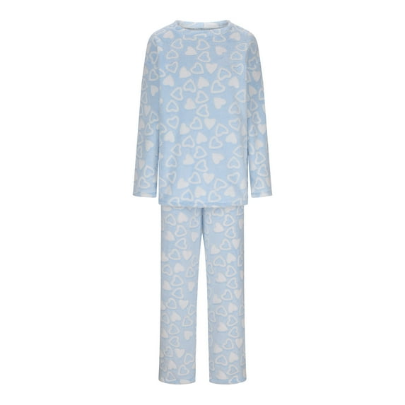 Fall Travel Outfits for Women New Two Piece Fleece Pajamas Sets for Women Cute Heart Print Sleepwear Comfy Flannel Soft Pjs Loungewear Outfits Light Blue XL
