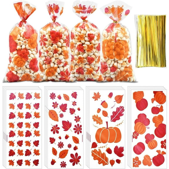 Fall Treat Bags 4 Styles Pumpkin and Leaf Designs Clear Goodie Bags 100pcs with Twist Ties for Thanksgiving Day(5.1210.61in)