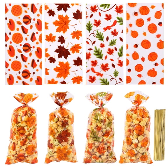 Fall Treat Bags Clear Goodie Bags 4 Styles 50pcs Pumpkin and Leaf Pattern with Twist Ties for Thanksgiving Day(4.9210.83in)