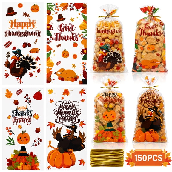 Fall Treat Bags Thanksgiving Cellophane Bags Harvest Treat Bags Orange Pumpkin Maple Candy Snack Bags Autumn Cookie Packing Decor with Twist Ties for Party Favor 150PCS Design 5