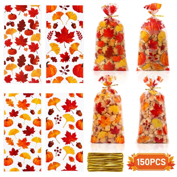 Fall Treat Bags Thanksgiving Cellophane Bags Harvest Treat Bags Orange Pumpkin Maple Candy Snack Bags Autumn Cookie Packing Decor with Twist Ties for Party Favor 150PCS Design 1