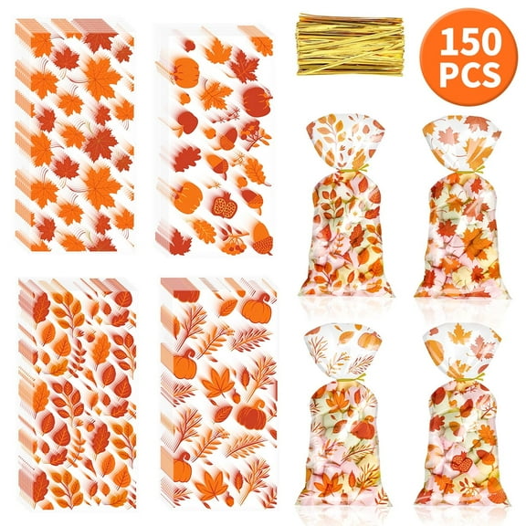 Fall Treat Bags Thanksgiving Cellophane Bags Harvest Treat Bags Orange Pumpkin Maple Candy Snack Bags Autumn Cookie Packing Decor with Twist Ties for Party Favor 150PCS Design 2