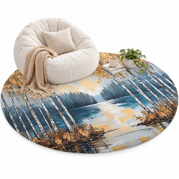Fall Tree Area Rug 6', Watercolor Retro Yellow Trees Leaf Blue Lake ...