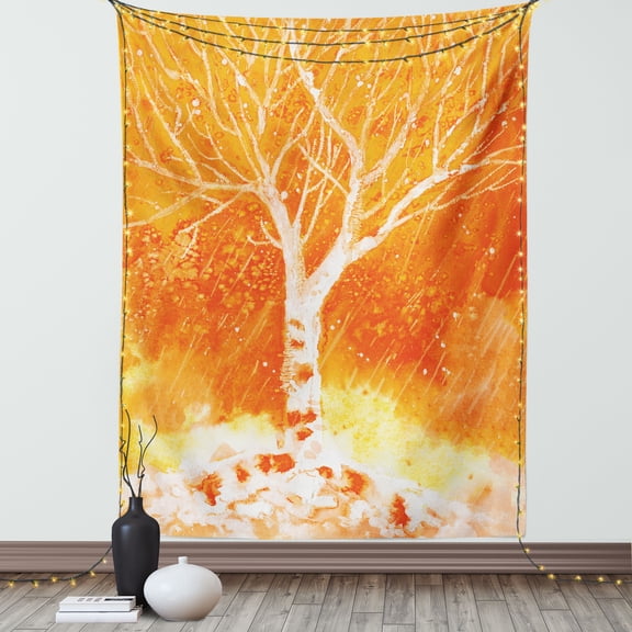 Fall Tree Decor Tapestry, Murky Original Hand Drawn Painting with Birches and Rain Drops Hazy Habitat, Wall Hanging for Bedroom Living Room Dorm Decor, 60W X 80L Inches, Orange, by Ambesonne