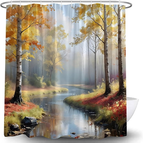 Fall Tree Forest Shower Curtain Jungle Nature Landscape River Park Autumn Season Stream Scenery Rustic Country Outdoor Fabric Bathroom Fabric Bath Curtain with Hook-72"W x 72"L (Pack of 1)