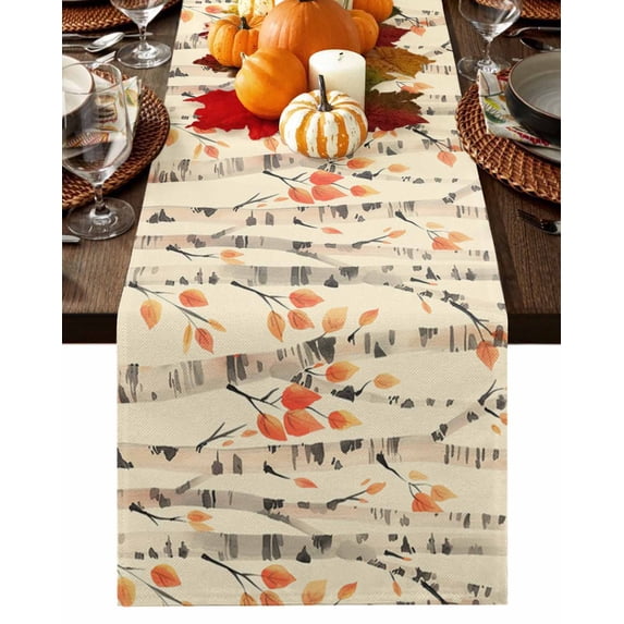 Fall Tree Leaves Table Runner-Cotton Linen- 120 Inch Holiday Dresser Scarves, Watercolor Autumn Orange Maple Leaf Tablerunner for Kitchen Coffee/Dining Bedroom Living Room Dinner Scarf Décor 13x120