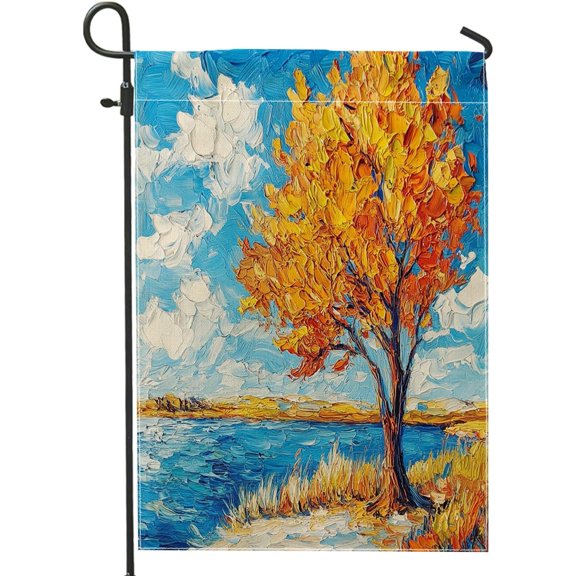 Fall Tree Oil Painting Front Yard Backyard Burlap Vertical Garden Flags 12x18 Double Sided for Outside, Autumn Nature Landscape Home Print Flag, River Flower Home Outdoor Pattern Flag