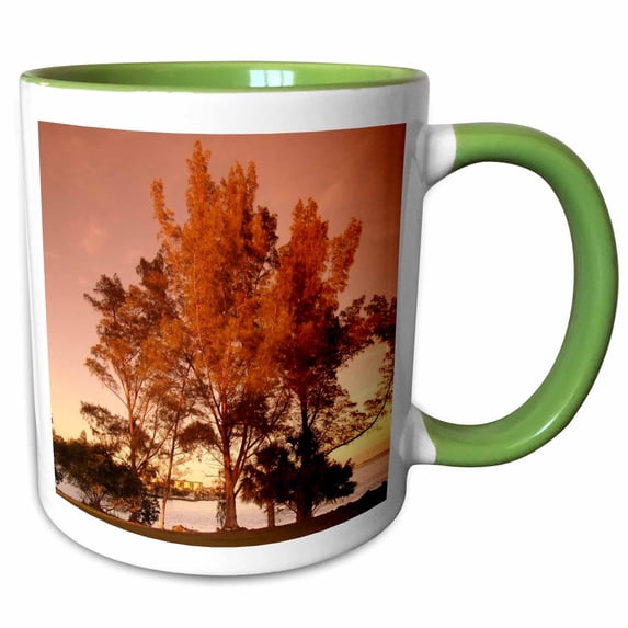 3drose, Fall Tree on Riverbank, 15oz Two-tone Green Mug