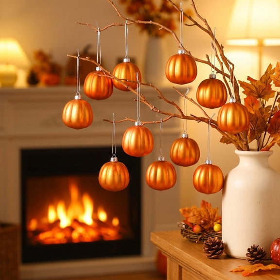 Fall Tree Ornaments, 12 Pcs Mini Pumpkin Ball Hanging Decorations, 2 Inch Orange Plastic Pumpkin Ornaments for Small Tree, Thanksgiving and Halloween Home Autumn Decor