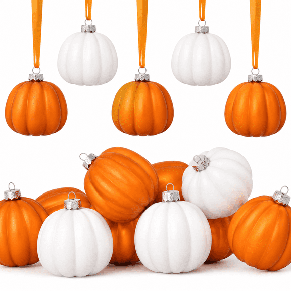 Fall Tree Ornaments Set 18 PCS Small Pumpkin Ball Hanging Ornaments Orange White, for Thanksgiving, Halloween Tree Decor Fall Decorations for Home, 1.97"