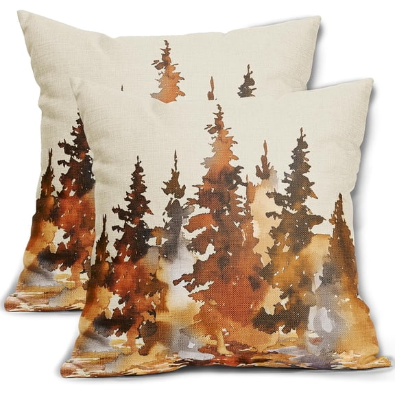 Fall Tree Pillow Covers 18X18 Inch Burnt Orange Watercolor Forest Decorative Pillow Cases Set of 2 Rustic Autumn Nature Cotton Linen Throw Pillows Home Decor for Sofa Couch Cushion Outdoor