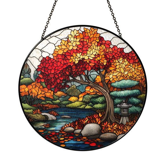 Fall Tree Stained Glass Style Suncatcher Window Hanging Decor, Round Maple Tree and Flowing Stream Landscape Glass Window Panel Art, Decorative Autumn Nature Window Ornament for Home