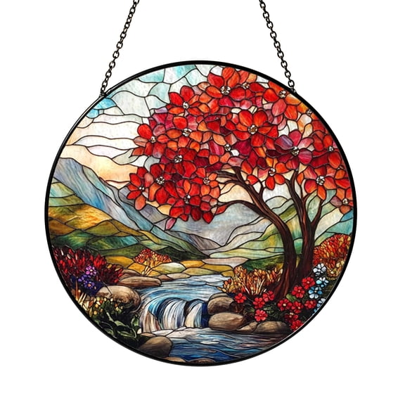 Fall Tree Stained Glass Style Suncatcher Window Hanging Decor, Round Red Leaf Tree and Stream Landscape Glass Window Panel Art, Decorative Nature Window Ornament for Home Decor