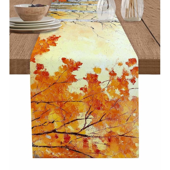 Fall Tree Table Runner 48 Inches, Autumn Yellow Forest Natural Scenery Retro Bed Runner Dresser Scarves Tabletop for Indoor Outdoor Parties/Ceremony/Banquet, 13" x 48"