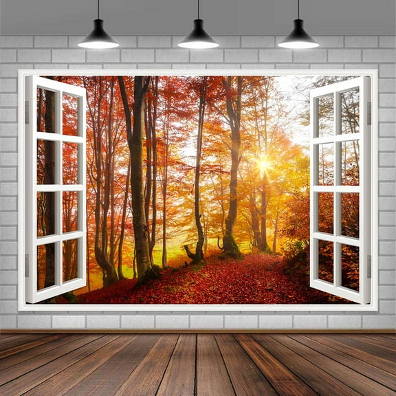 Fall Tree Window Backdrop for Photography, Autumn Forest Natural Landscape Photo Background, Thanksgiving Harvest Holiday Fall Party Decorations Banner Photo Booth Props,10X6ft