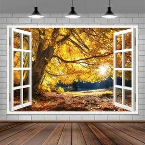 Fall Tree Window Backdrop for Photography, Autumn Forest Natural Landscape Photo Background, Thanksgiving Harvest Holiday Fall Party Decorations Banner Photo Booth Props,5X3ft