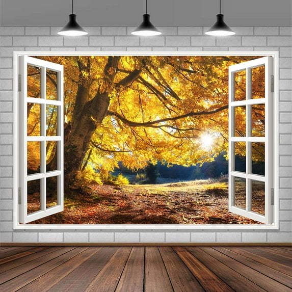 Fall Tree Window Backdrop for Photography, Autumn Forest Natural Landscape Photo Background, Thanksgiving Harvest Holiday Fall Party Decorations Banner Photo Booth Props,12X8ft