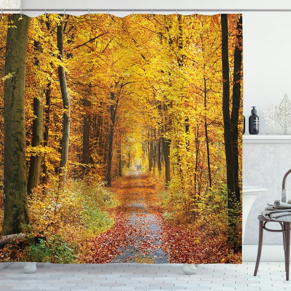 Fall Trees Foliage Leaves Season Pathway In Forest, Bathroom Accessories, 69W X 70L Inches, By Ambesonne