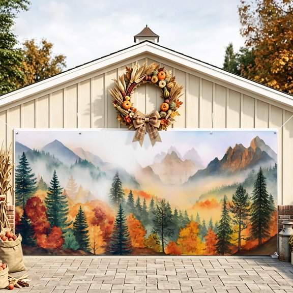 Fall Trees Garage Door Cover, Autumn Forest Foggy Mountain Natural Scenery Garage Door Decorations with Ropes, Outdoor Hanging Banner Backdrop for Holiday Party Courtyard Porch Wall Decor 6x13ft