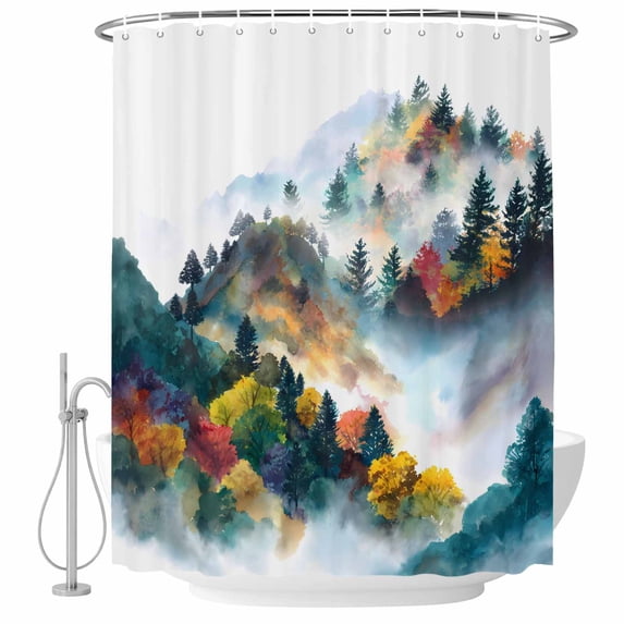 Fall Trees Shower Curtain, Waterproof Shower Curtains for Bathroom, Natural Autumn Forest Fog Natural Scenery Washable Fabric Bathtub Curtain Set Bath Decor with 12 Hooks Stall 36"x72"
