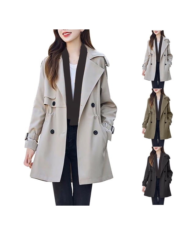 Fall Trench Coat for Women Notched Lapel Mid Length Casual Wind Coats Double Breasted Belted Cuff Classic Outerwear