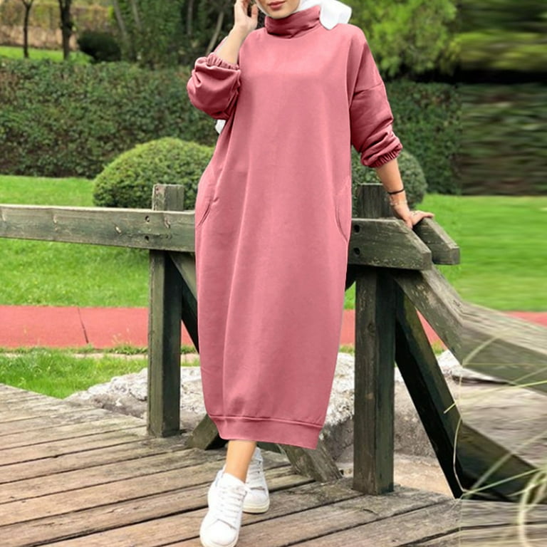 Fall Trends Clothes For Women 2023 Women'S Trends Round Neck Winter Warm  Color Long Sleeve Pocket Long Dress Pink Xxxxl 