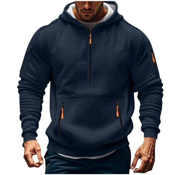 Fall Trendy Outfits New Tactical Hoodies for Men Plus Size Half Zip Sweatshirt Drawstring Oversized Hooded Pullover with Pockets Dark Blue XXL