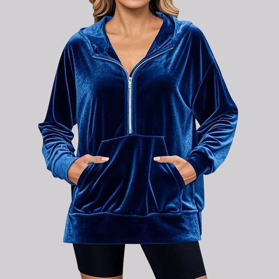 Fall Trendy Outfits New Zip up Hoodie for Women Velvet Long Sleeve Half Zip Sweatshirts Casual Loose Oversized Pullover Tops with Pocket Blue L