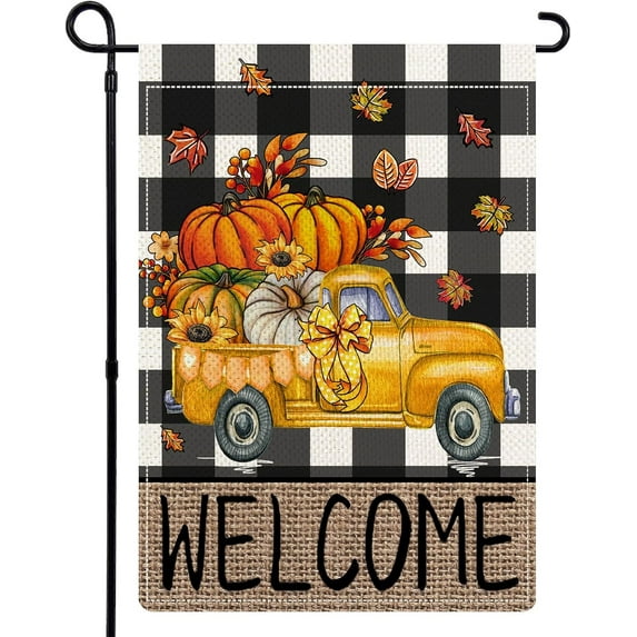Fall Truck Buffalo Plaid Garden Flags for Outside, Fall Autumn Welcome Garden Flags Double Sided, Rustic Pumpkin Harvest Lawn Flags, Truck Holiday Yard Flags for Farmhouse Decor