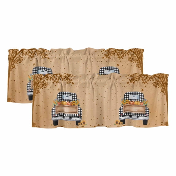 Fall Truck Curtain Valances for Windows, Kitchen Valance Window Treatments Panel 2 Pack, Thanksgiving Tree Maple Leaf Pumpkins Orange Rod Pocket Short Curtains for Bathroom Bedroom 42 x 18 Inch