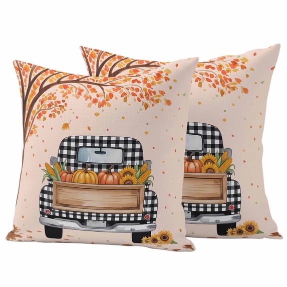 Fall Truck Outdoor Waterproof Pillow Covers, Thanksgiving Tree Maple Leaf Pumpkins Sunflower Decorative Square Throw Pillowcase Sofa Cushion Sham for Patio/Couch/Chair, 18"x18" 2 Pack