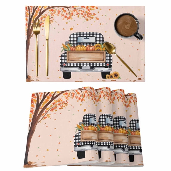 Fall Truck Placemats Set of 8, Thanksgiving Tree Maple Leaf Pumpkins Sunflower Placemats for Dining Table, Place Mats for Kitchen Tabletop, Waterproof Wipeable Dining Table Mats Set