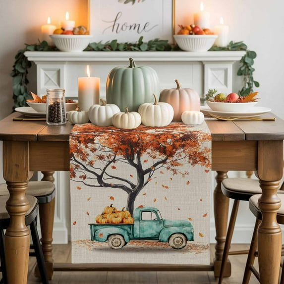 Fall Truck Table Runner, Autumn Thanksgiving Kitchen Dining Table Decoration for Home Party Decor 13x36 Inches