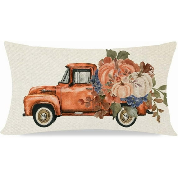 Fall Truck Throw Pillow Cover Inch Floral Orange Pumpkin Outdoor Country Farmhouse Cottage Thanksgiving Decorations Autumn Lumbar Decorative Throw Pillow Case for Home Couch Sofa Decor