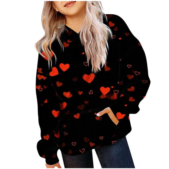 Fall Tshirts Girls Cute Printed Hoodies Oversized Trendy Long Sleeve Hooded Sweatshirts Valentines Pullover Tops Boy Sweatshirt Oversized Black 7-8Y